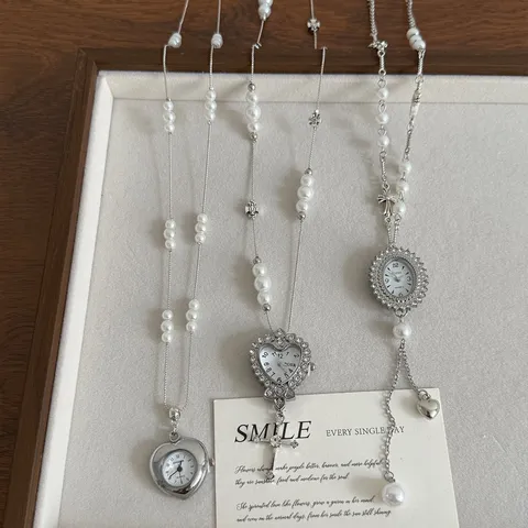 Sweet Cool Alloy Pocket Watch Pendant Necklace For Women Artificial Pearl Rhinestone Geometric Cross Statement Chain Jewelry Gift