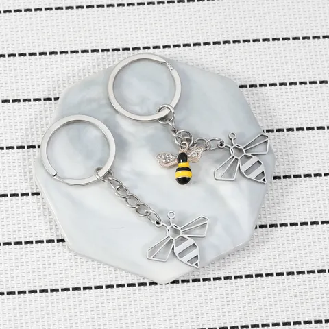 Stainless Steel Bee Keychain For Teachers Gift Graduation Bag Pendant Hollow Geometric Bee Enameled Rhinestone Bee Key Ring