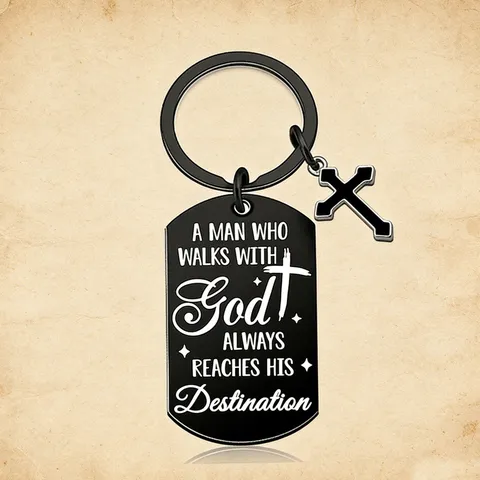 Llavero de Cruz de Acero Inoxidable Negro Dog Tag Grabado Letra Inglés Colgante Anillo de Clave Cita Religiosa Regalo Joyería para Hombres Mujeres