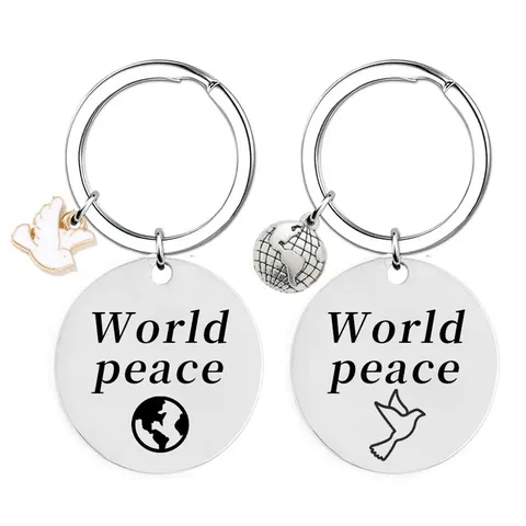 Stainless Steel World Peace Keychain Anti War Slogan Round Pendant Dove Earth Globe Key Ring Souvenir Gift