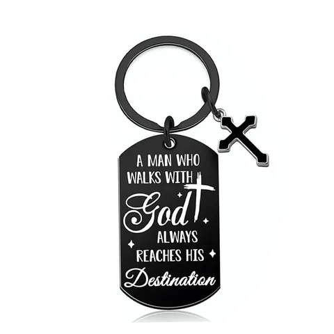 Llavero de Cruz de Acero Inoxidable Negro Dog Tag Grabado Letra Inglés Colgante Anillo de Clave Cita Religiosa Regalo Joyería para Hombres Mujeres