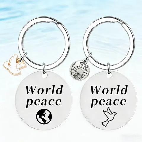 Stainless Steel World Peace Keychain Anti War Slogan Round Pendant Dove Earth Globe Key Ring Souvenir Gift