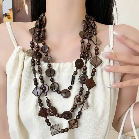 Etnische Vintage Gelaagde Kokosnoot Schaal Houten Kralen Hanger Ketting Lange Trui Ketting Halssieraden Voor Dames