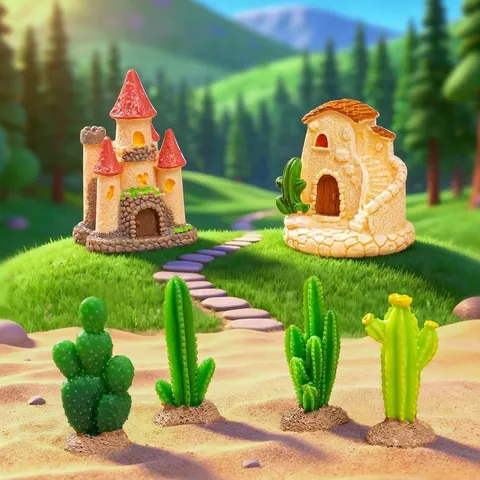 Micro Landscape Cactus Mushroom Castle Miniature Resin Figurines For Desert Scene DIY Car Interior Decoration Ornaments