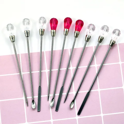 Nail Art Powder Spoon Poking Needle Stirring Rod DIY Manicure Tool Alloy Crystal Handle