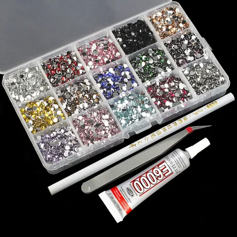 Nail Art Rhinestones Flatback Resin Gems Kit With Storage Box Pointing Pen Tweezers Glue DIY Phone Case Craft Accessories