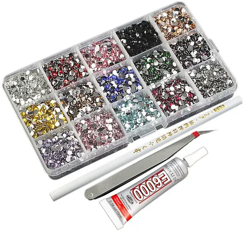 Nail Art Rhinestones Flatback Resin Gems Kit With Storage Box Pointing Pen Tweezers Glue DIY Phone Case Craft Accessories