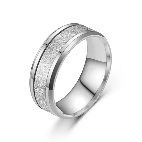 Bague Mixte en Acier Inoxydable Texture Soie Double Bord Biseauté Motif Givre Bijoux de Mode