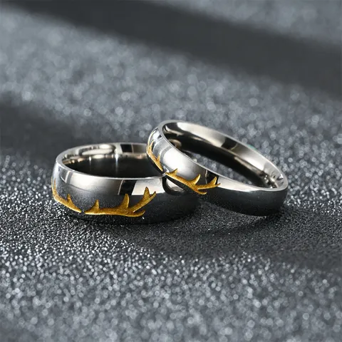 Stainless Steel Antler Couple Rings Electroplated Embossed Deer Pattern Fashion Matching Rings Jewelry Gift For Christmas