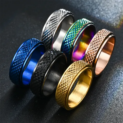 Bague Spinner en Acier Titane Minimaliste pour Hommes Femmes Motif de Diamant Bague Rotative en Acier Inoxydable