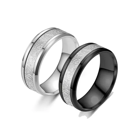 Bague Mixte en Acier Inoxydable Texture Soie Double Bord Biseauté Motif Givre Bijoux de Mode