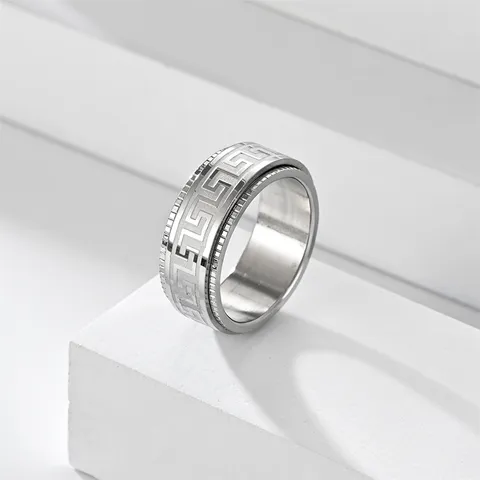 Bague Anti-Anxiété Rotative en Acier Inoxydable pour Hommes Femmes Motif de Clé Grecque Bague Fidget Bijoux de Mode