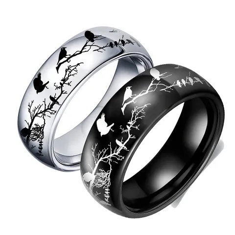 Bague en Acier Inoxydable Motif Oiseau et Branche d'Arbre pour Couple Amoureux des Animaux Bijou Minimaliste Cadeau
