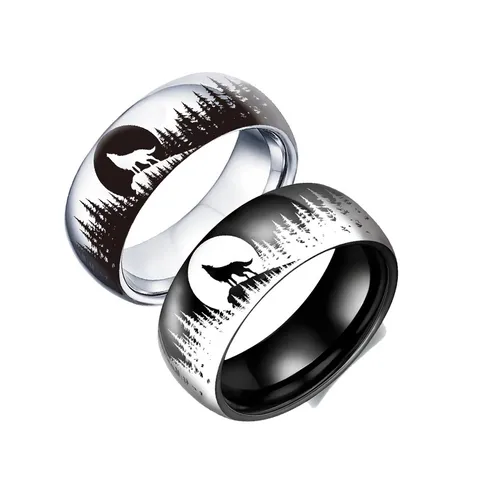 Bague Anneau en Acier Inoxydable Vintage Loup dans la Forêt Pour Hommes Femmes Gravure Silhouette Lune Punk Bijoux Cadeau