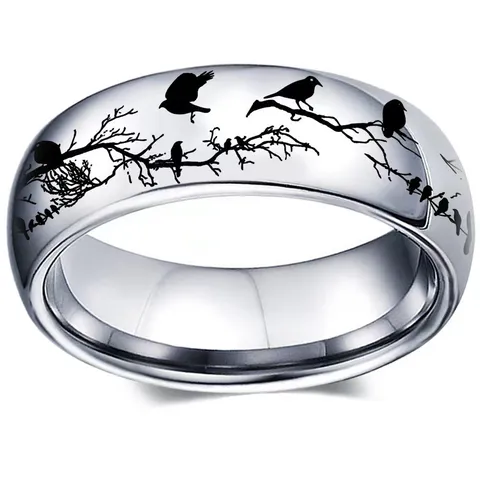 Bague en Acier Inoxydable Motif Oiseau et Branche d'Arbre pour Couple Amoureux des Animaux Bijou Minimaliste Cadeau