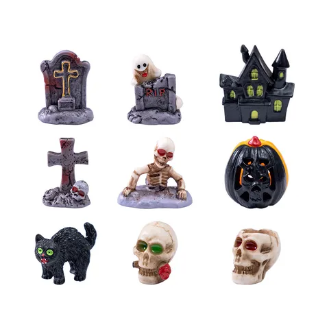 Halloween Mikro Landschaft Harz Skelett Figur Mini Kürbis Geisterhaus Grabstein Dekoration Für DIY Garten Schreibtisch Ornament
