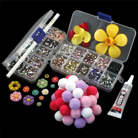 DIY Phone Case Rhinestone Material Pack Glass Crystals Pearls Pom-Poms Resin Flowers Craft Accessories Set
