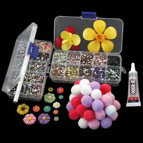 DIY Phone Case Rhinestone Material Pack Glass Crystals Pearls Pom-Poms Resin Flowers Craft Accessories Set