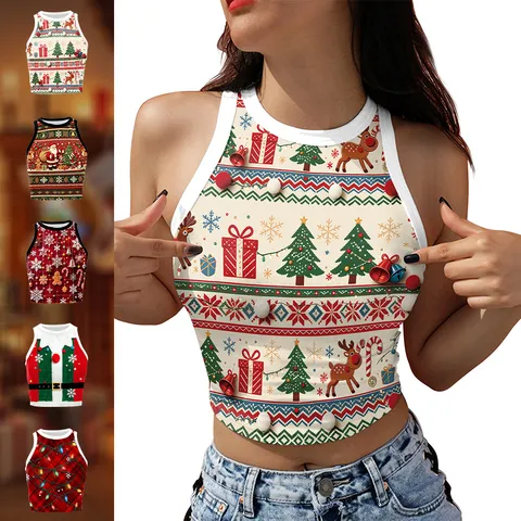 Women Christmas Crop Top Printed Sleeveless Round Neck Pullover Slim Fit Polyester Festive Casual Streetwear Tank Top
