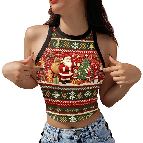 Women Christmas Crop Top Printed Sleeveless Round Neck Pullover Slim Fit Polyester Festive Casual Streetwear Tank Top