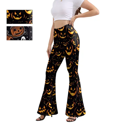 Women Halloween Flared Pants Pumpkin Ghost Printed High Waist Slim Fit Stretch Casual Long Leggings Streetwear Trouser