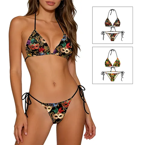 Women's Sexy Halter Neck Tie-Up Bikini Top And Bottom Set Mardi Gras Masquerade Mask Printed Baroque Style Swimwear Beachwear