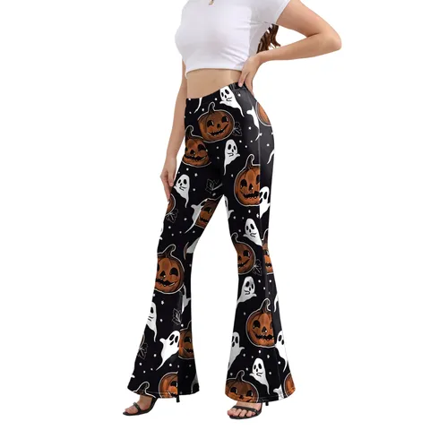 Women Halloween Flared Pants Pumpkin Ghost Printed High Waist Slim Fit Stretch Casual Long Leggings Streetwear Trouser