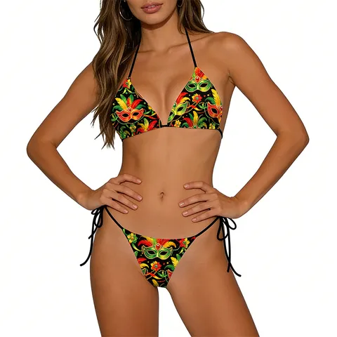Women's Sexy Halter Neck Tie-Up Bikini Top And Bottom Set Mardi Gras Masquerade Mask Printed Baroque Style Swimwear Beachwear