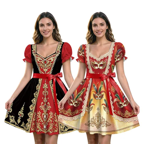 Damen Vintage Palast Stil Karneval Masken Druck Kleid Spitze Taille Puffärmel Lolita Dienstmädchen Kleid Venedig Maskerade Kostüm