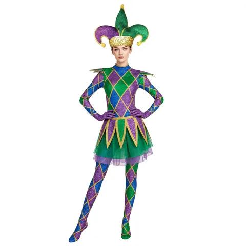 Women's Carnival Jester Jumpsuit Harlequin Rhombus Pattern Green Purple Cosplay Costume Top And Bottom Stage Performance