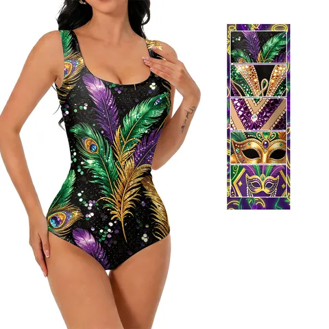 Maillot de Bain Une Pièce pour Femmes Occidental Sexy Carnaval Mardi Gras Imprimé Sans Manches Col en U Coupe Ajustée Plage Bodysuit