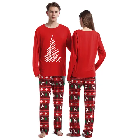 Nordic Style Polyester Printed Christmas Lounge Pajama Sets Top And Bottom For Couple Round Neck Long Sleeve Homewear Red Loungewear