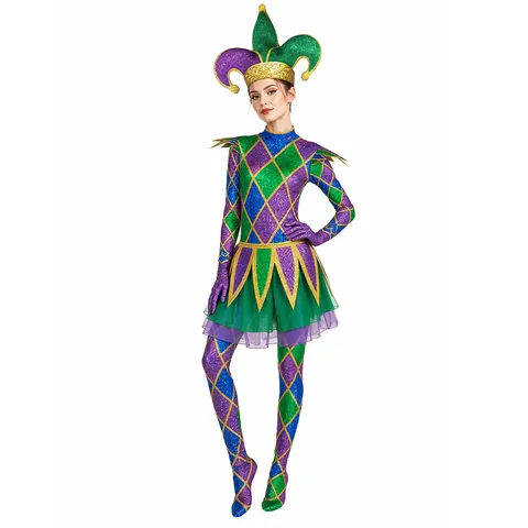 Women's Carnival Jester Jumpsuit Harlequin Rhombus Pattern Green Purple Cosplay Costume Top And Bottom Stage Performance