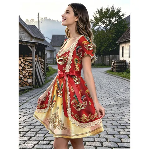Damen Vintage Palast Stil Karneval Masken Druck Kleid Spitze Taille Puffärmel Lolita Dienstmädchen Kleid Venedig Maskerade Kostüm