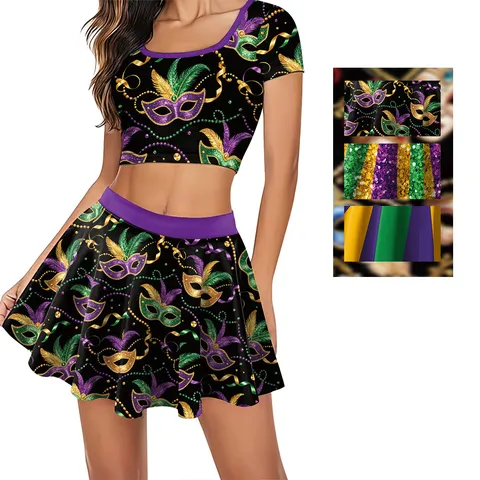 Mardi Gras Maske Drucken Crop Top Und Plissee Rock Kostüm Set Damen Festival Party Outfit Buntes Thema Performance Kleidung Top And Bottom