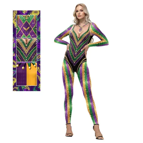Women's Mardi Gras Carnival Performance Costume Purple Green Gold Rhinestone Print Long Sleeve Jumpsuit Stage Bodysuit