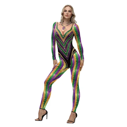 Women's Mardi Gras Carnival Performance Costume Purple Green Gold Rhinestone Print Long Sleeve Jumpsuit Stage Bodysuit