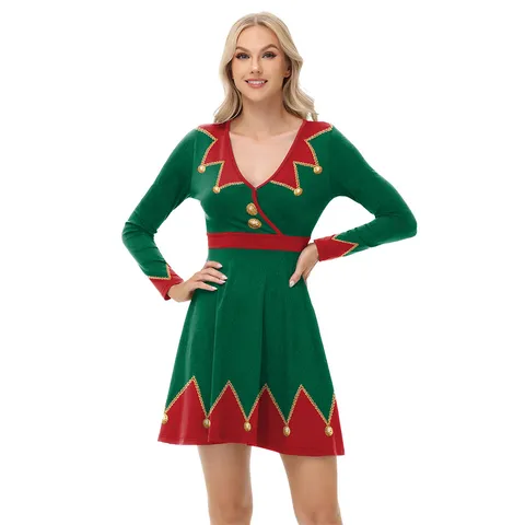 Damen Weihnachten Elf Cosplay Kleid V-Ausschnitt Langarm Colorblock Kostüm Urlaub Festival Tanz Party Kleid