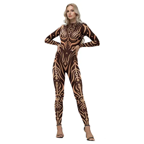 Tuta Intera da Donna con Stampa Tatuaggio Totem Tribale a Maniche Lunghe Taglio Aderente Bodysuit per Performance Palcoscenico Streetwear