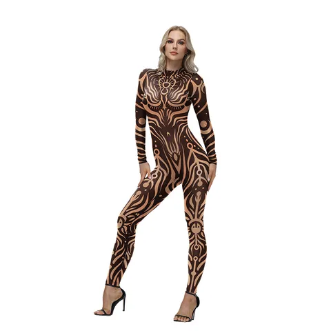 Tuta Intera da Donna con Stampa Tatuaggio Totem Tribale a Maniche Lunghe Taglio Aderente Bodysuit per Performance Palcoscenico Streetwear