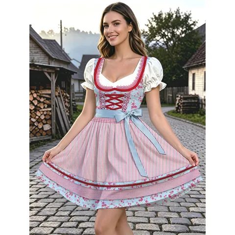 Damen Traditionelles Oktoberfest Dirndl Kleid Blumen Puffärmel Schnürung Bayerisches Kostüm Party Halloween Aufführung Kleid
