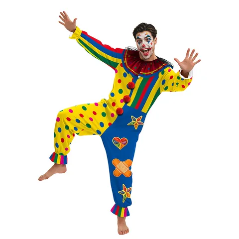 Herren Halloween Klassischer Clown Jumpsuit Bunte Streifen Punkte Pompons Cosplay Kostüm Party Outfit