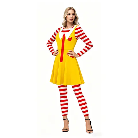 Costume de Cosplay d'Halloween pour Femmes Robe Rayée Rouge Jaune Manches Longues Haut Leggings Ensemble Fête Scène