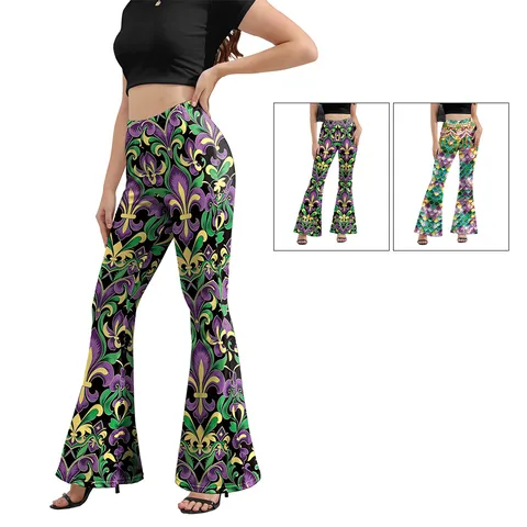 Women High Waist Flared Pants Carnival Fleur-de-lis 3D Printed Slim Fit Micro Elastic Leggings Fashion Flared Trousers For Party