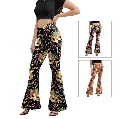 Women Carnival Mask Print Flared Pants High Waist Slim Fit Leggings Vintage Party Digital Printed Flared Bottom Trousers