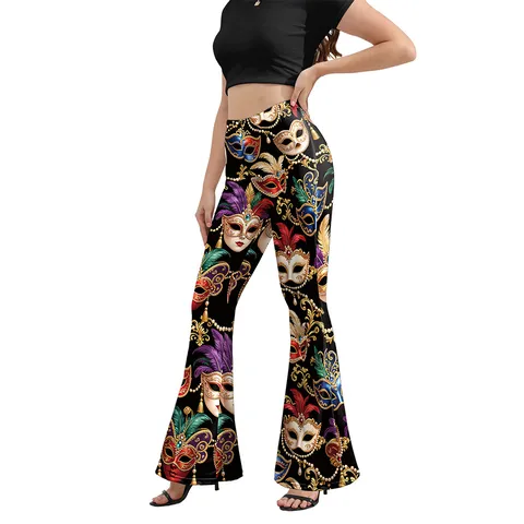 Women Carnival Mask Print Flared Pants High Waist Slim Fit Leggings Vintage Party Digital Printed Flared Bottom Trousers