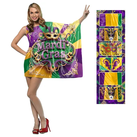 Costume da Scena con Stampa Digitale Mardi Gras Mantella Festival Viola Verde Oro con Maschera e Piume