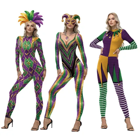 Women's Mardi Gras Bodysuit Performance Costume Purple Green Gold Rhombus Striped Printed Jumpsuit Carnival Party Outfits