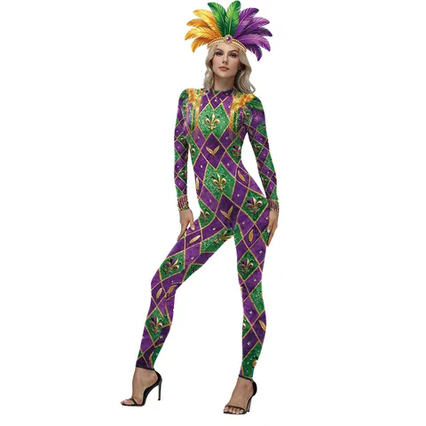 Women's Mardi Gras Bodysuit Performance Costume Purple Green Gold Rhombus Striped Printed Jumpsuit Carnival Party Outfits