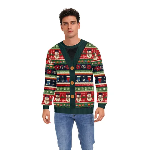 Men Polyester 3D Printed Christmas Santa Claus Faux Ugly Sweater Crew Neck Long Sleeve Pullover Sweatshirt Festive Top